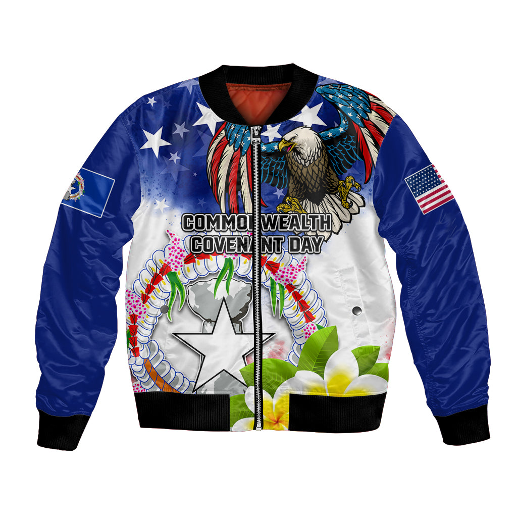 Custom Northern Mariana Islands Commonwealth Covenant Day Bomber Jacket Plumeria Flower Splash Style LT03 Unisex Blue - Polynesian Pride