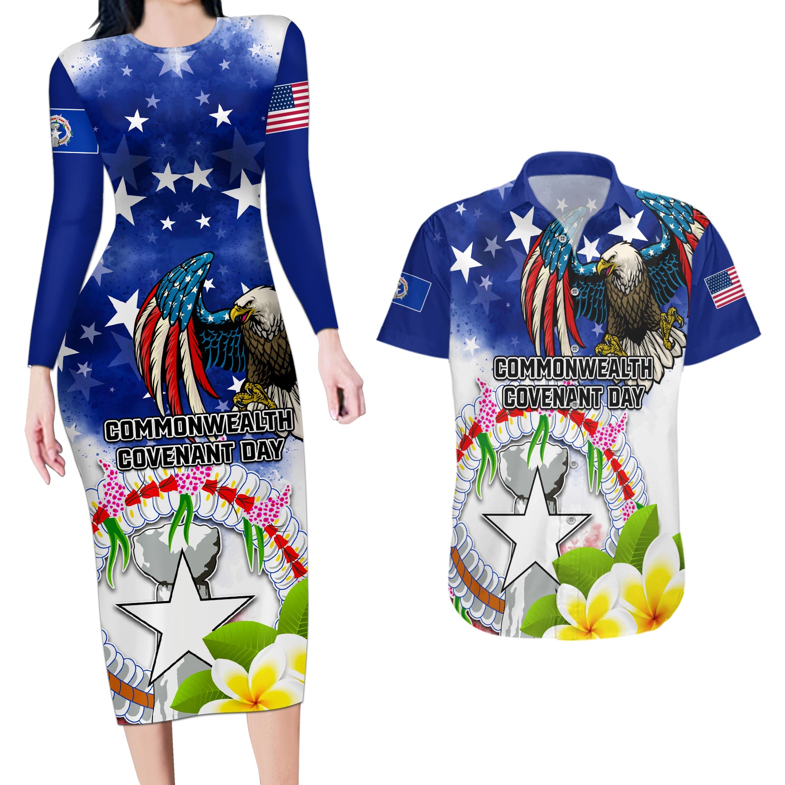 Custom Northern Mariana Islands Commonwealth Covenant Day Couples Matching Long Sleeve Bodycon Dress and Hawaiian Shirt Plumeria Flower Splash Style LT03 Blue - Polynesian Pride