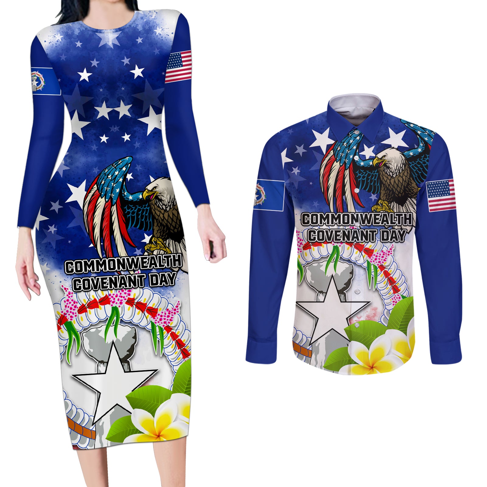 Custom Northern Mariana Islands Commonwealth Covenant Day Couples Matching Long Sleeve Bodycon Dress and Long Sleeve Button Shirt Plumeria Flower Splash Style LT03 Blue - Polynesian Pride