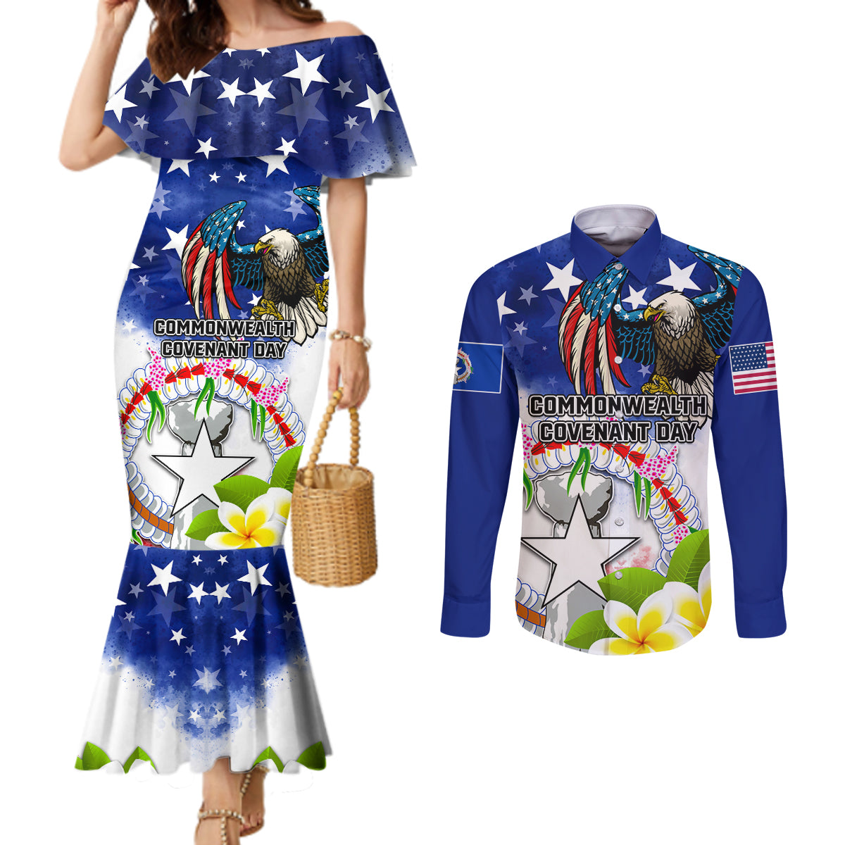 Custom Northern Mariana Islands Commonwealth Covenant Day Couples Matching Mermaid Dress and Long Sleeve Button Shirt Plumeria Flower Splash Style LT03 Blue - Polynesian Pride