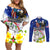 Custom Northern Mariana Islands Commonwealth Covenant Day Couples Matching Off Shoulder Short Dress and Long Sleeve Button Shirt Plumeria Flower Splash Style LT03 Blue - Polynesian Pride