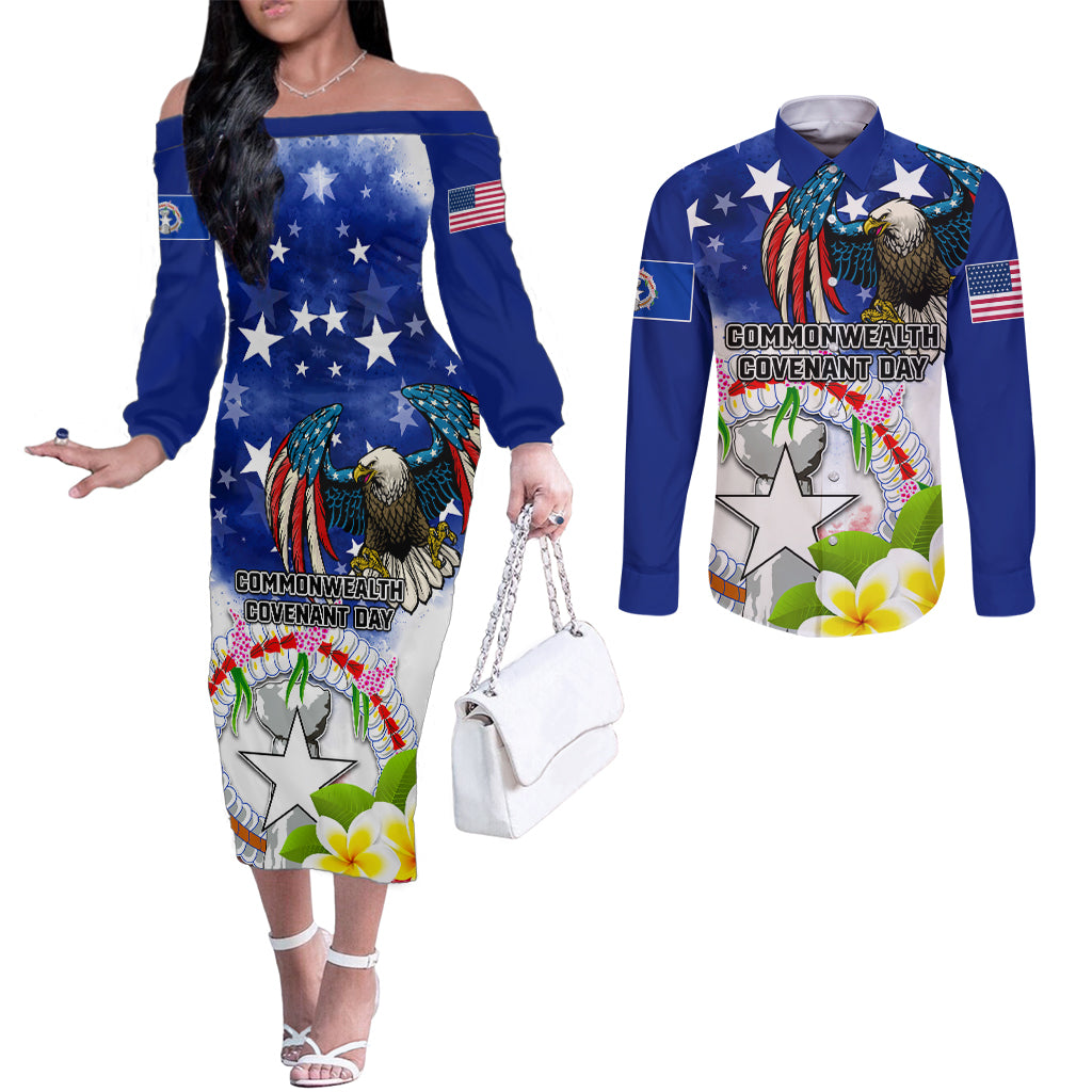 Custom Northern Mariana Islands Commonwealth Covenant Day Couples Matching Off The Shoulder Long Sleeve Dress and Long Sleeve Button Shirt Plumeria Flower Splash Style LT03 Blue - Polynesian Pride