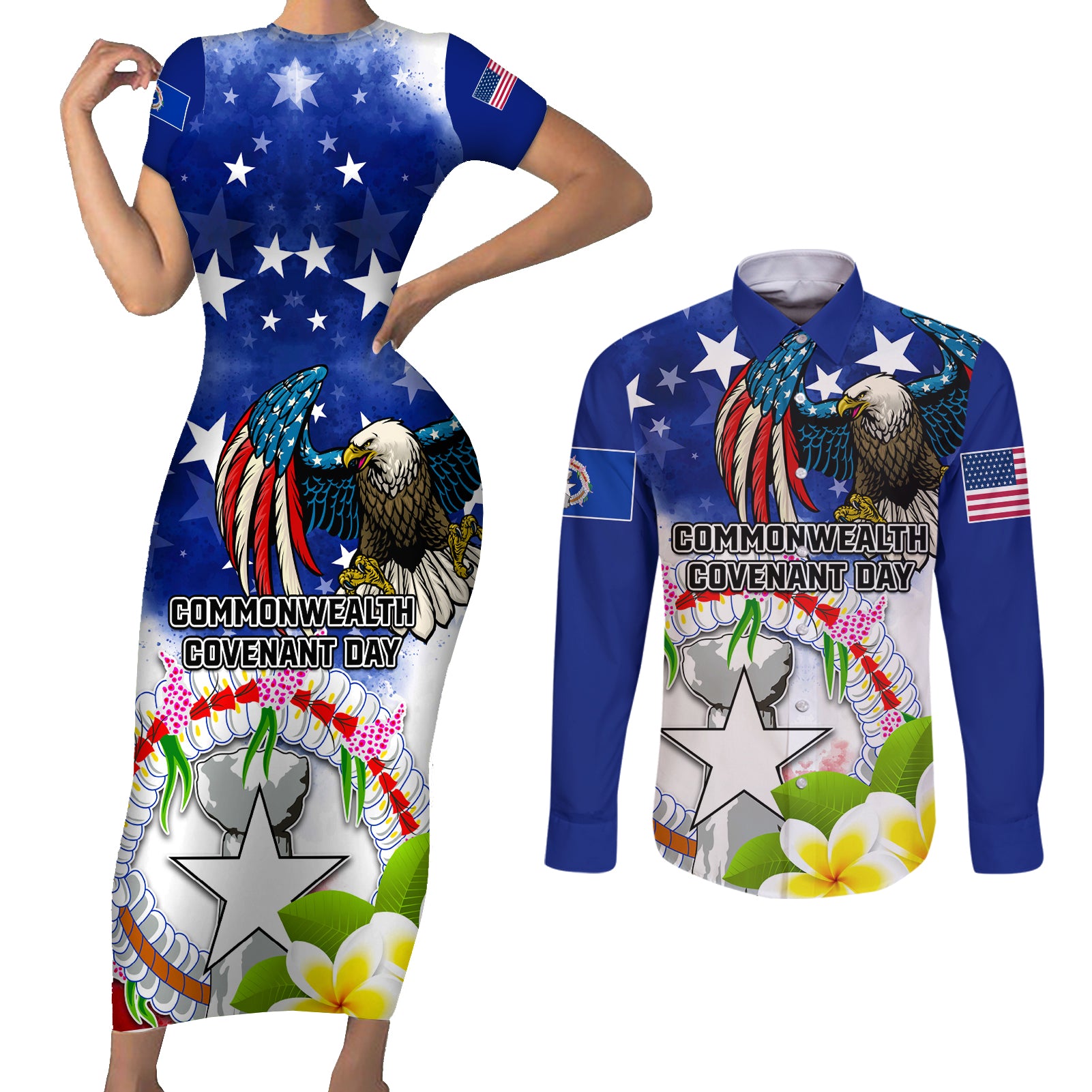 Custom Northern Mariana Islands Commonwealth Covenant Day Couples Matching Short Sleeve Bodycon Dress and Long Sleeve Button Shirt Plumeria Flower Splash Style LT03 Blue - Polynesian Pride