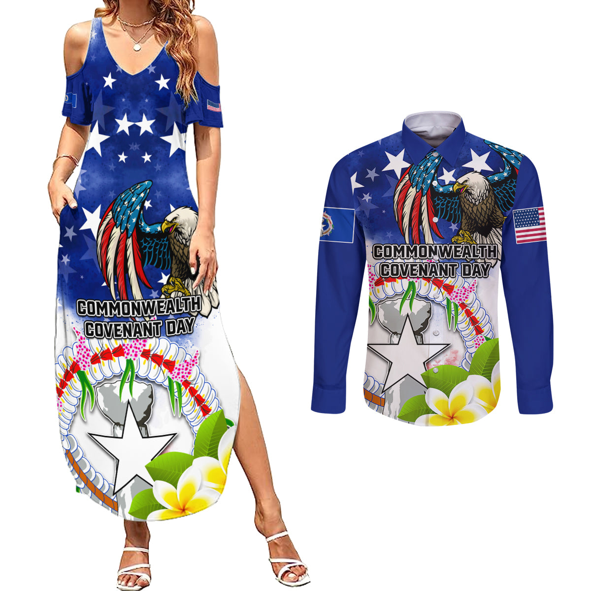 Custom Northern Mariana Islands Commonwealth Covenant Day Couples Matching Summer Maxi Dress and Long Sleeve Button Shirt Plumeria Flower Splash Style LT03 Blue - Polynesian Pride