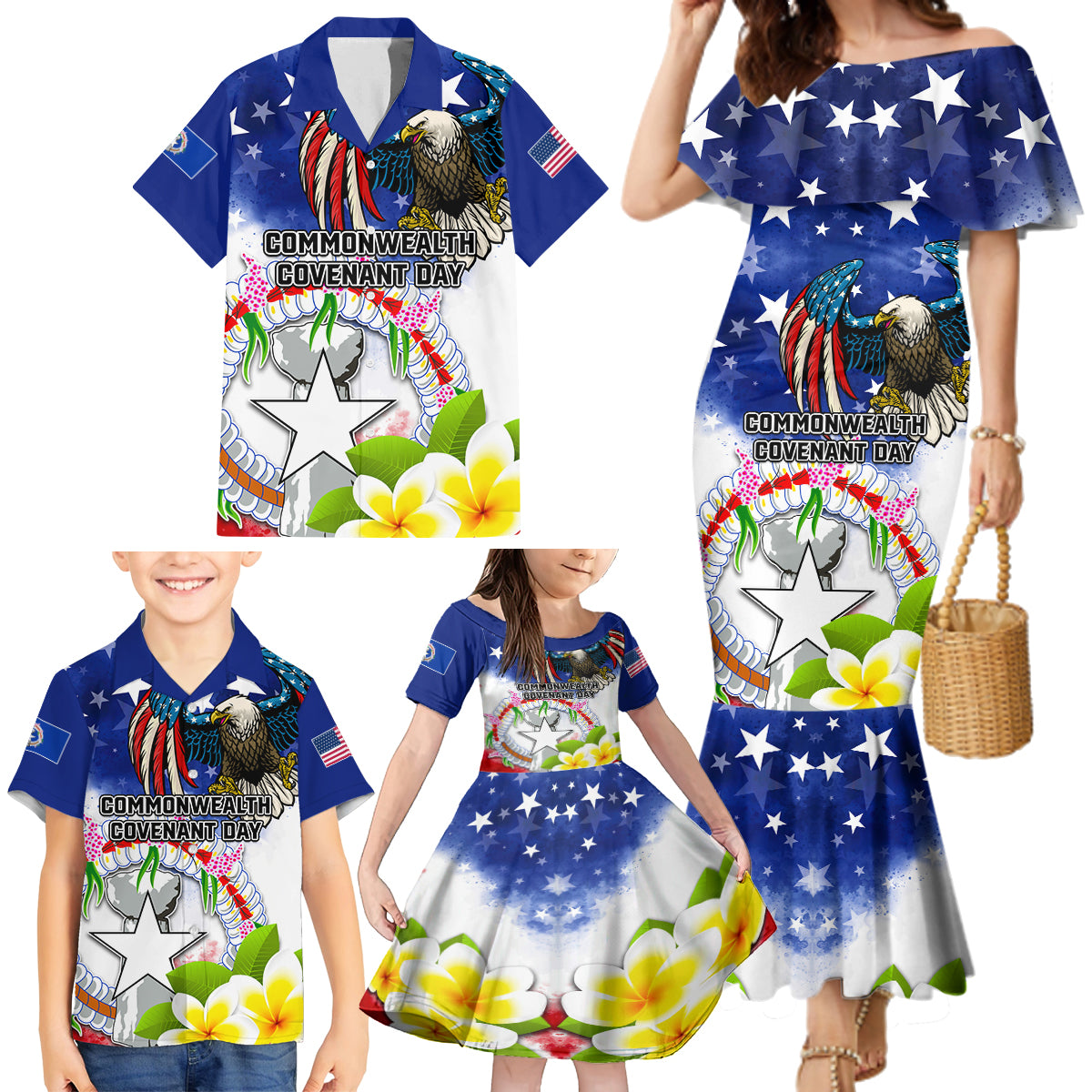 Custom Northern Mariana Islands Commonwealth Covenant Day Family Matching Mermaid Dress and Hawaiian Shirt Plumeria Flower Splash Style LT03 - Polynesian Pride