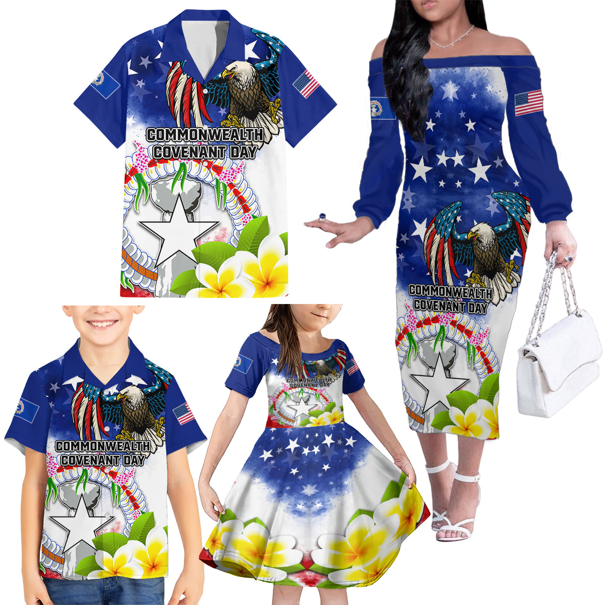 Custom Northern Mariana Islands Commonwealth Covenant Day Family Matching Off Shoulder Long Sleeve Dress and Hawaiian Shirt Plumeria Flower Splash Style LT03 - Polynesian Pride