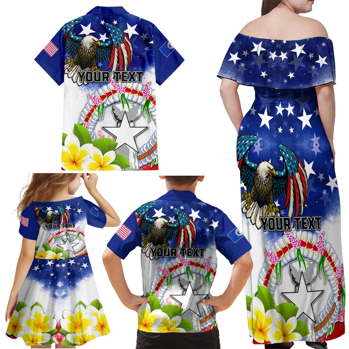 Custom Northern Mariana Islands Commonwealth Covenant Day Family Matching Off Shoulder Maxi Dress and Hawaiian Shirt Plumeria Flower Splash Style LT03 - Polynesian Pride