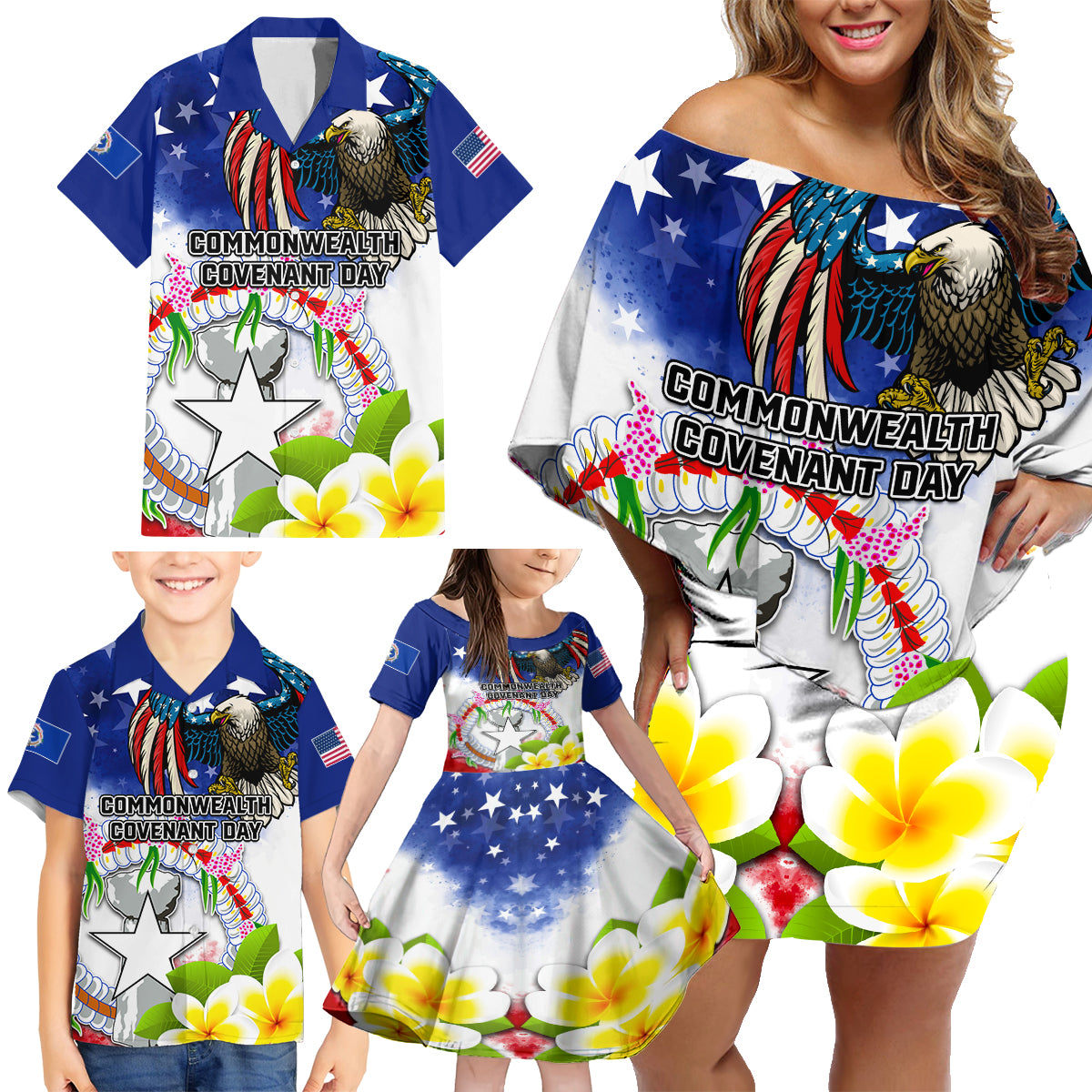 Custom Northern Mariana Islands Commonwealth Covenant Day Family Matching Off Shoulder Short Dress and Hawaiian Shirt Plumeria Flower Splash Style LT03 - Polynesian Pride