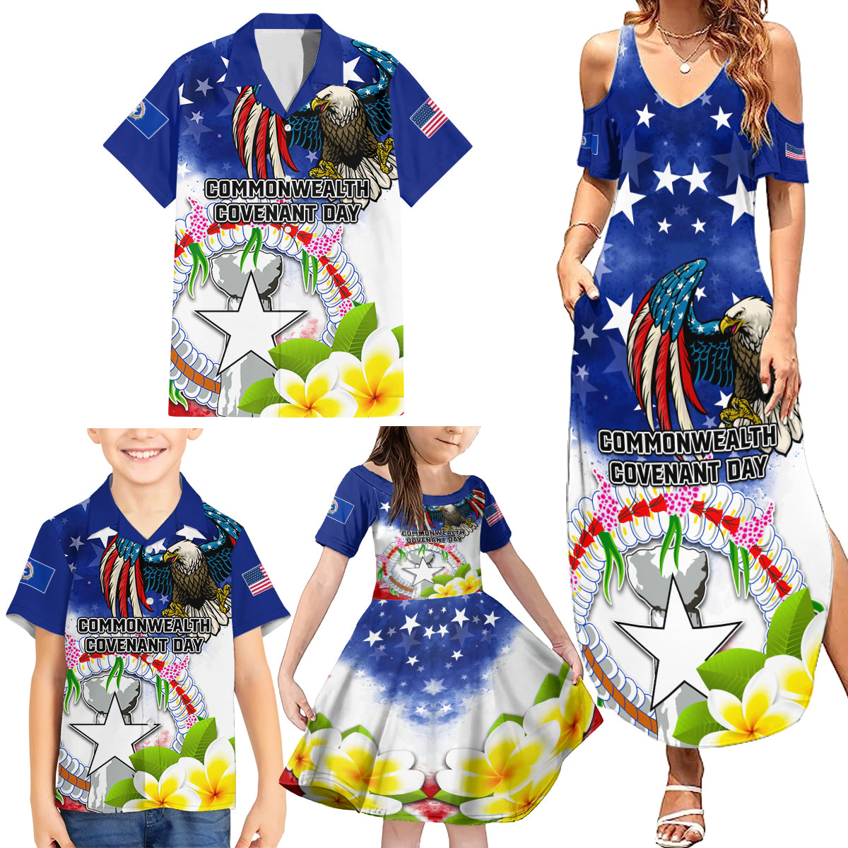 Custom Northern Mariana Islands Commonwealth Covenant Day Family Matching Summer Maxi Dress and Hawaiian Shirt Plumeria Flower Splash Style LT03 - Polynesian Pride