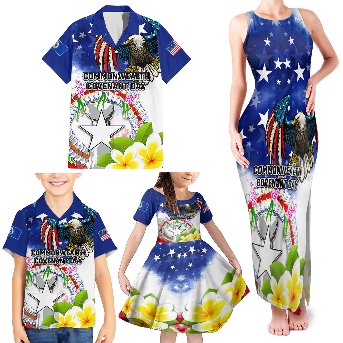 Custom Northern Mariana Islands Commonwealth Covenant Day Family Matching Tank Maxi Dress and Hawaiian Shirt Plumeria Flower Splash Style LT03 - Polynesian Pride