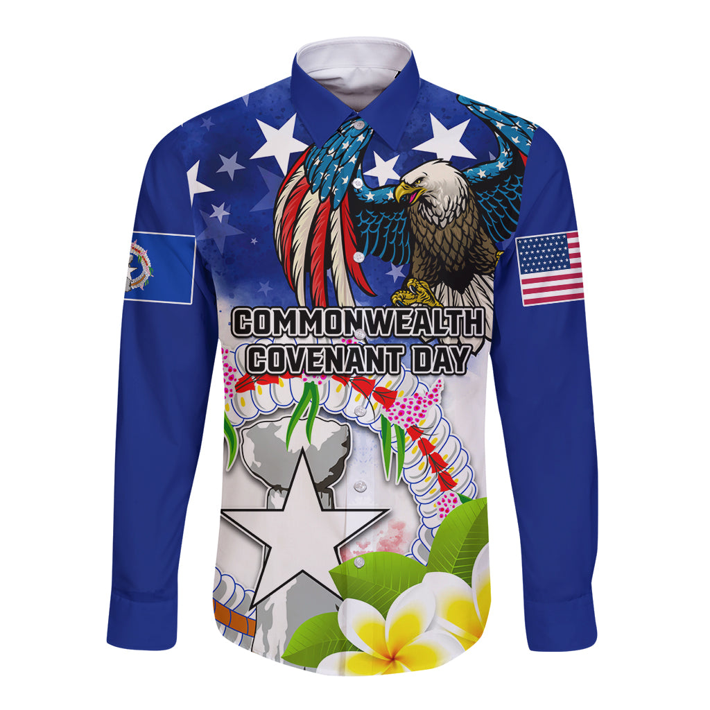 Custom Northern Mariana Islands Commonwealth Covenant Day Long Sleeve Button Shirt Plumeria Flower Splash Style LT03 Unisex Blue - Polynesian Pride