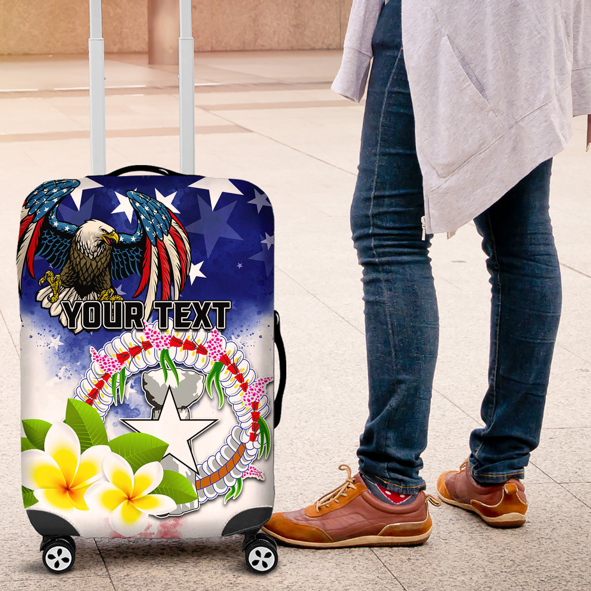 Custom Northern Mariana Islands Commonwealth Covenant Day Luggage Cover Plumeria Flower Splash Style LT03 Blue - Polynesian Pride