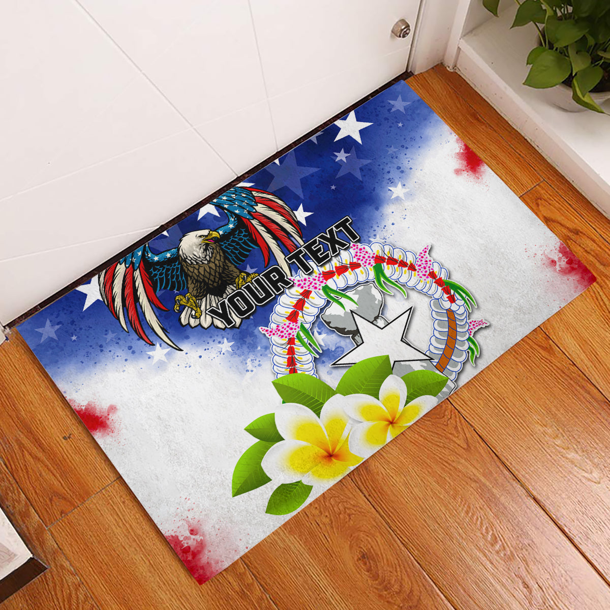 Custom Northern Mariana Islands Commonwealth Covenant Day Rubber Doormat Plumeria Flower Splash Style LT03 Blue - Polynesian Pride