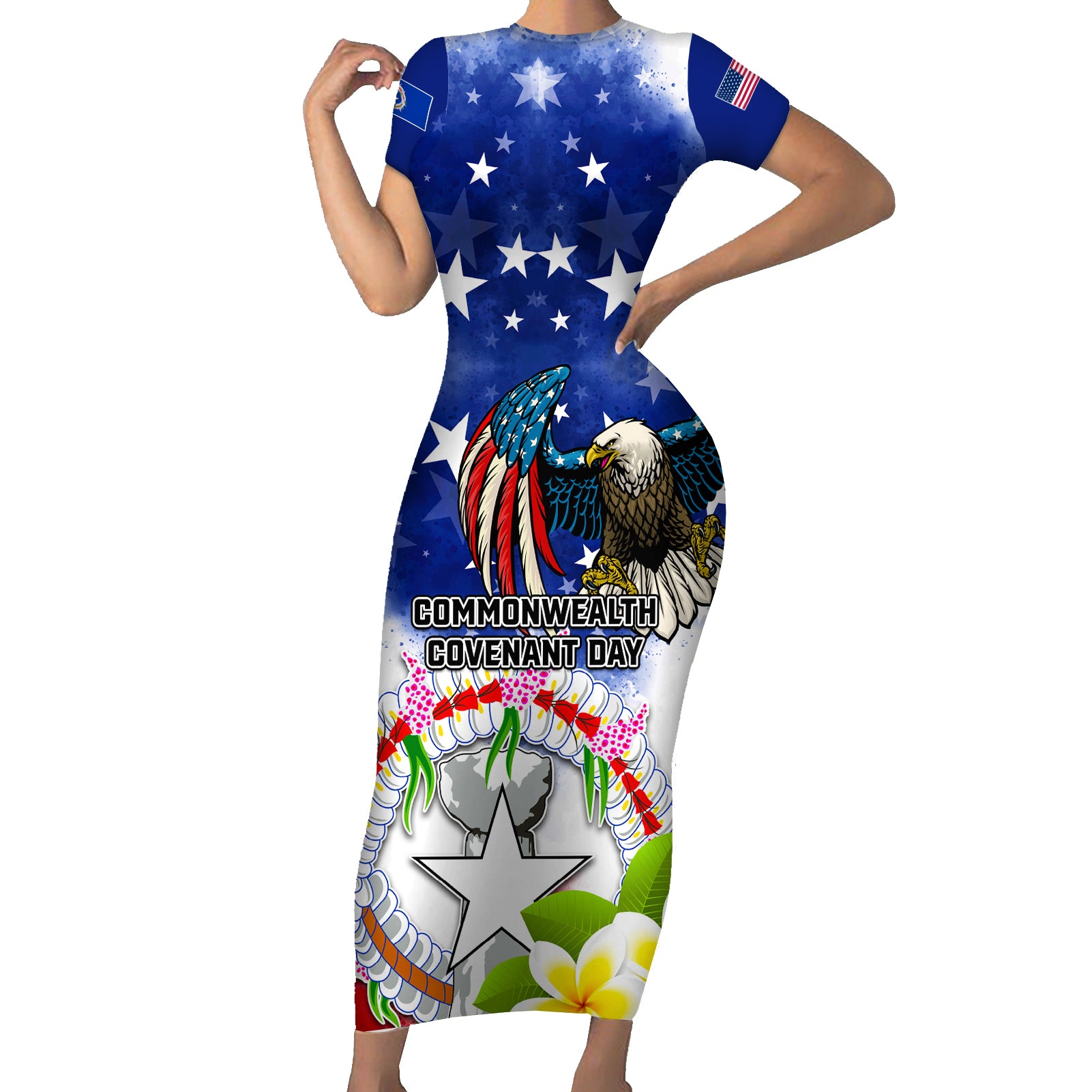 Custom Northern Mariana Islands Commonwealth Covenant Day Short Sleeve Bodycon Dress Plumeria Flower Splash Style LT03 Long Dress Blue - Polynesian Pride