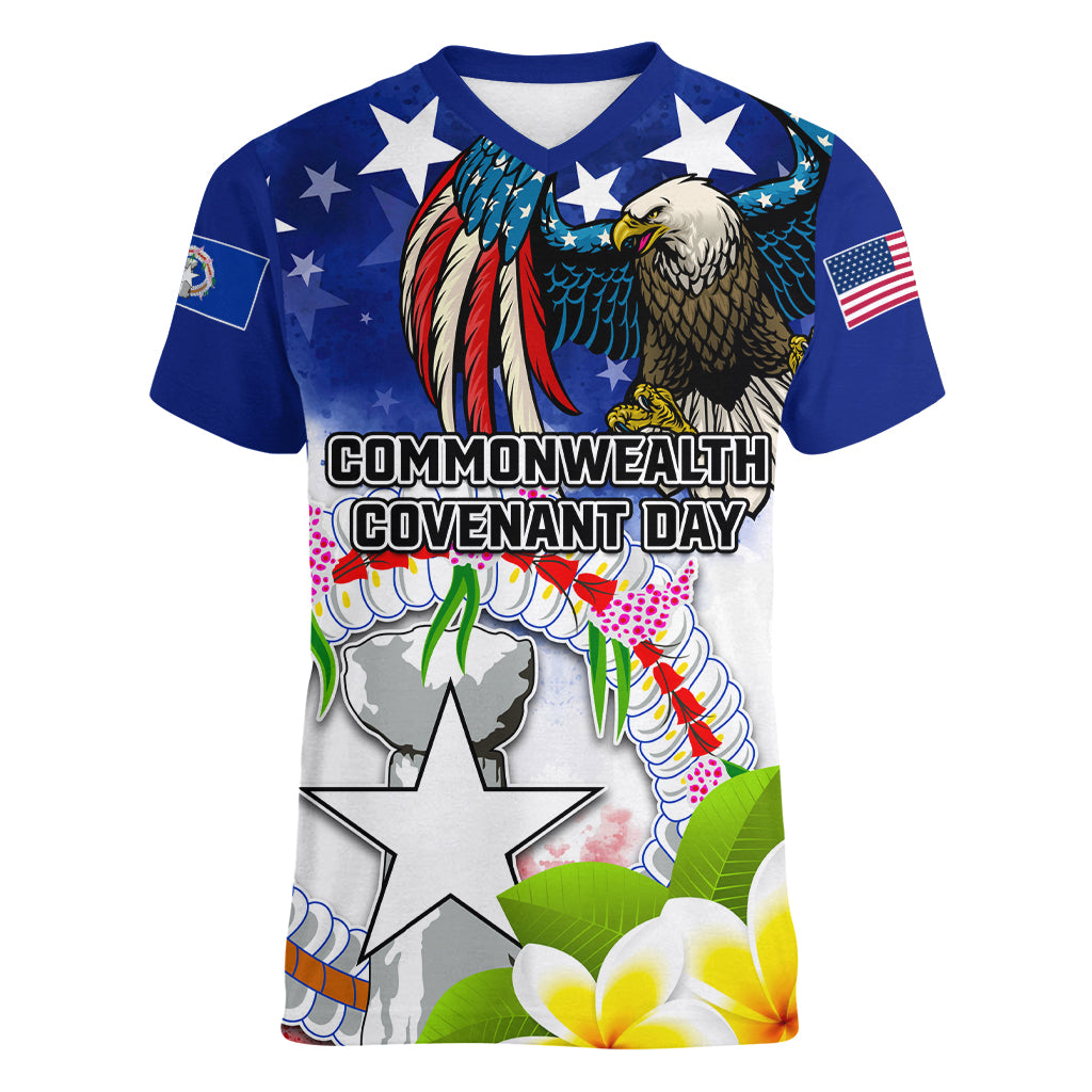 Custom Northern Mariana Islands Commonwealth Covenant Day Women V Neck T Shirt Plumeria Flower Splash Style LT03 Female Blue - Polynesian Pride