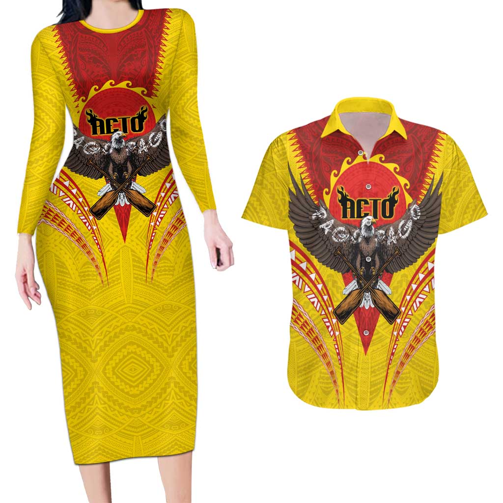 American Samoa Fautasi Race Couples Matching Long Sleeve Bodycon Dress and Hawaiian Shirt Pago Pago-Aeto Samoan Tattoo and Eagle LT03 Yellow - Polynesian Pride