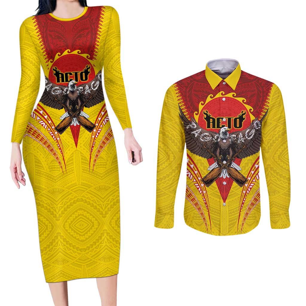 American Samoa Fautasi Race Couples Matching Long Sleeve Bodycon Dress and Long Sleeve Button Shirt Pago Pago-Aeto Samoan Tattoo and Eagle LT03 Yellow - Polynesian Pride