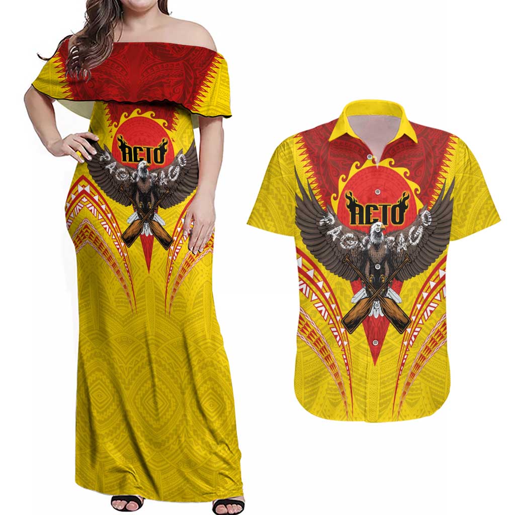 American Samoa Fautasi Race Couples Matching Off Shoulder Maxi Dress and Hawaiian Shirt Pago Pago-Aeto Samoan Tattoo and Eagle LT03 Yellow - Polynesian Pride