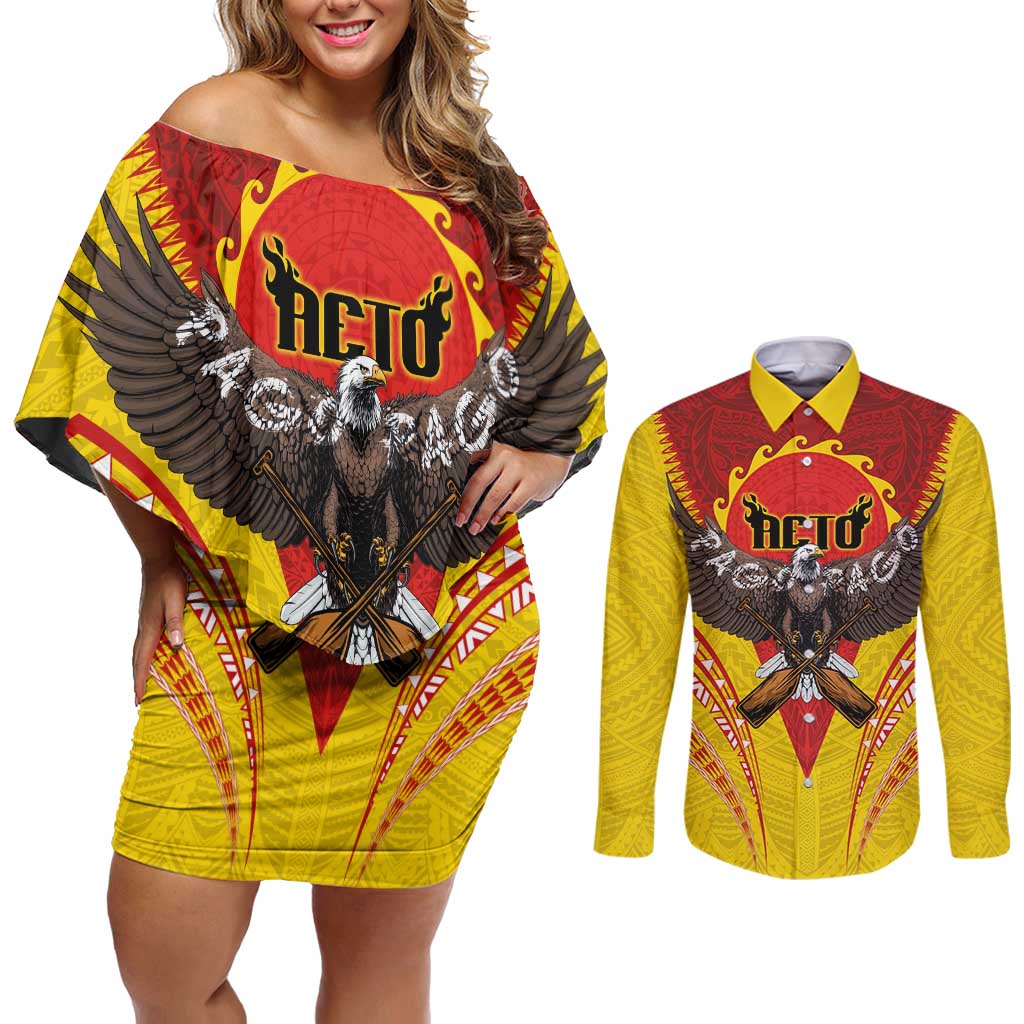 American Samoa Fautasi Race Couples Matching Off Shoulder Short Dress and Long Sleeve Button Shirt Pago Pago-Aeto Samoan Tattoo and Eagle
