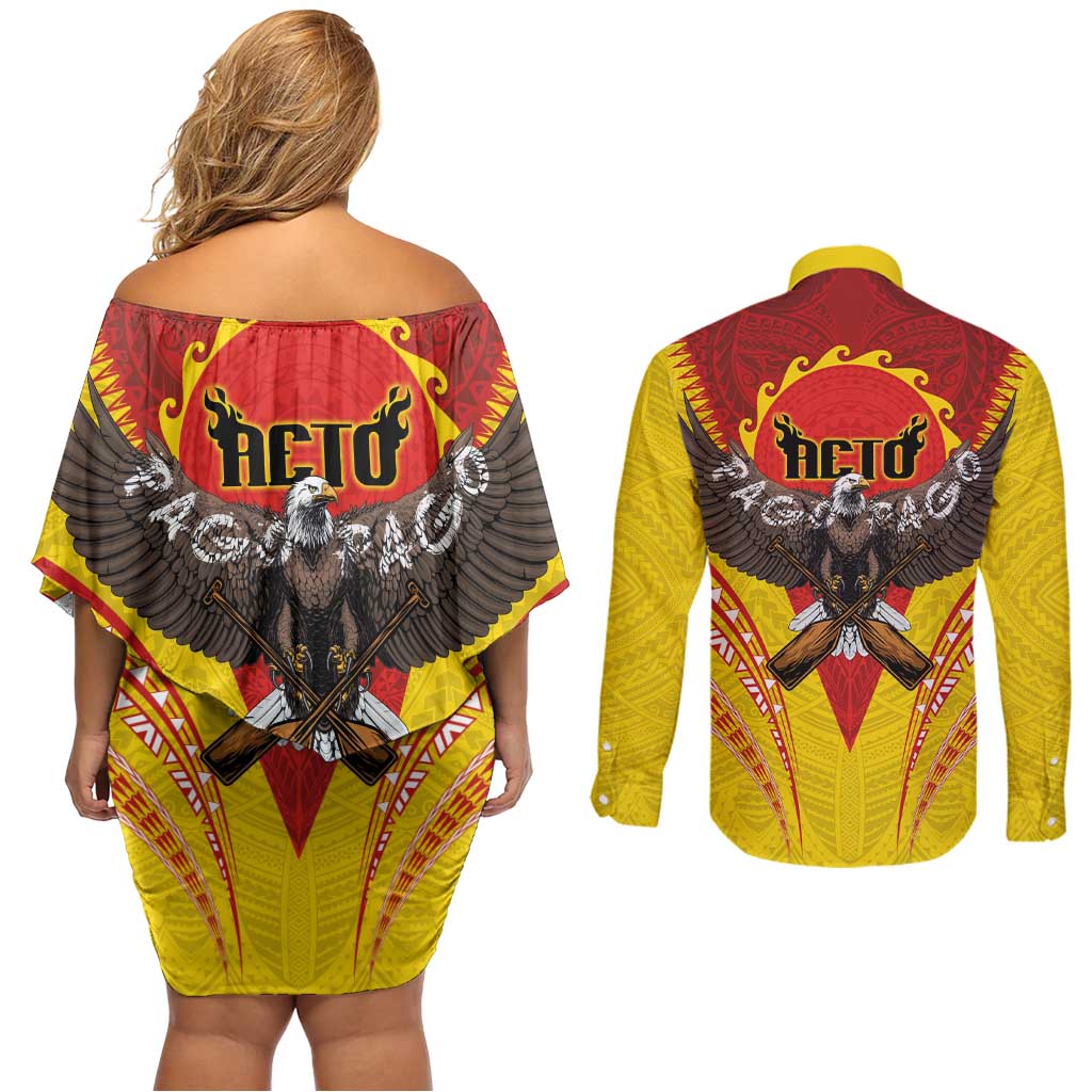 American Samoa Fautasi Race Couples Matching Off Shoulder Short Dress and Long Sleeve Button Shirt Pago Pago-Aeto Samoan Tattoo and Eagle