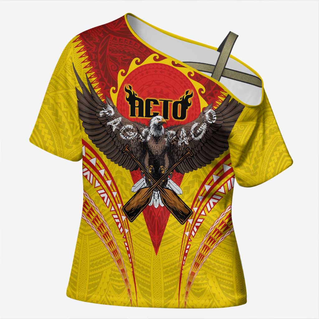 American Samoa Fautasi Race Cross Shoulder Shirt Pago Pago-Aeto Samoan Tattoo and Eagle LT03 Female Yellow - Polynesian Pride