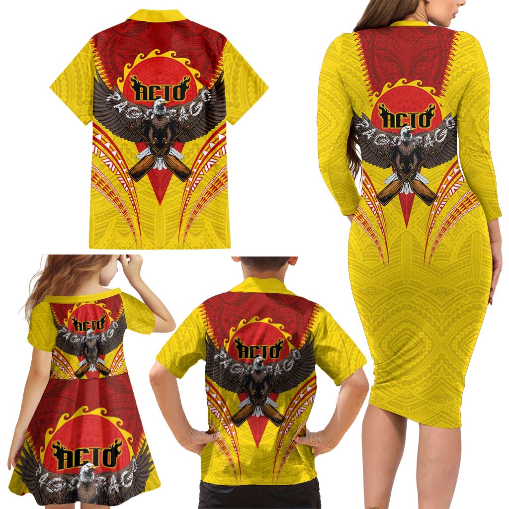 American Samoa Fautasi Race Family Matching Long Sleeve Bodycon Dress and Hawaiian Shirt Pago Pago-Aeto Samoan Tattoo and Eagle