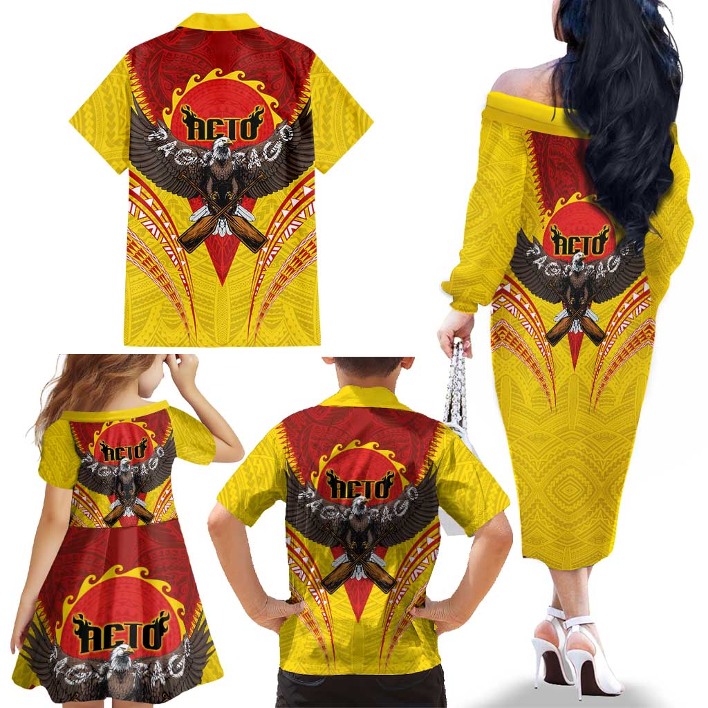 American Samoa Fautasi Race Family Matching Off The Shoulder Long Sleeve Dress and Hawaiian Shirt Pago Pago-Aeto Samoan Tattoo and Eagle