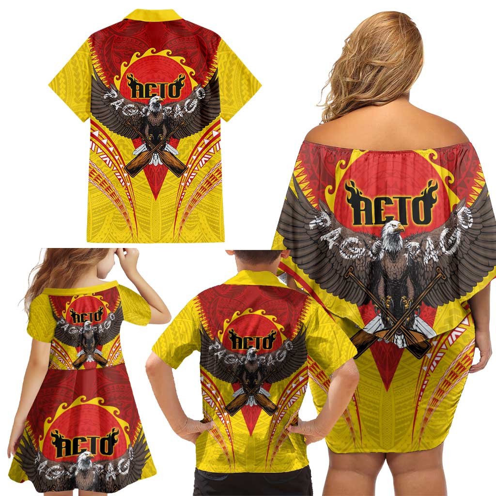 American Samoa Fautasi Race Family Matching Off Shoulder Short Dress and Hawaiian Shirt Pago Pago-Aeto Samoan Tattoo and Eagle