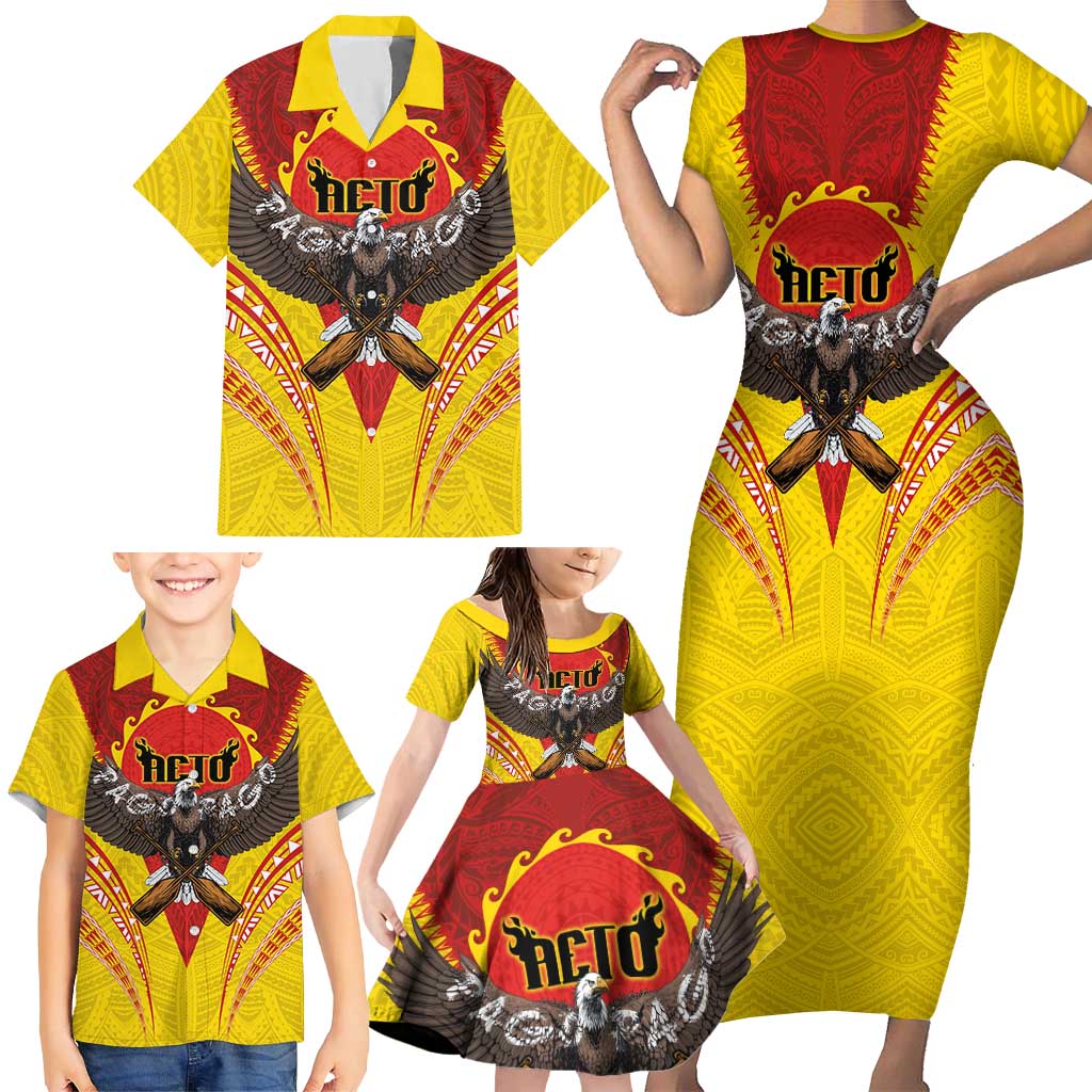 American Samoa Fautasi Race Family Matching Short Sleeve Bodycon Dress and Hawaiian Shirt Pago Pago-Aeto Samoan Tattoo and Eagle