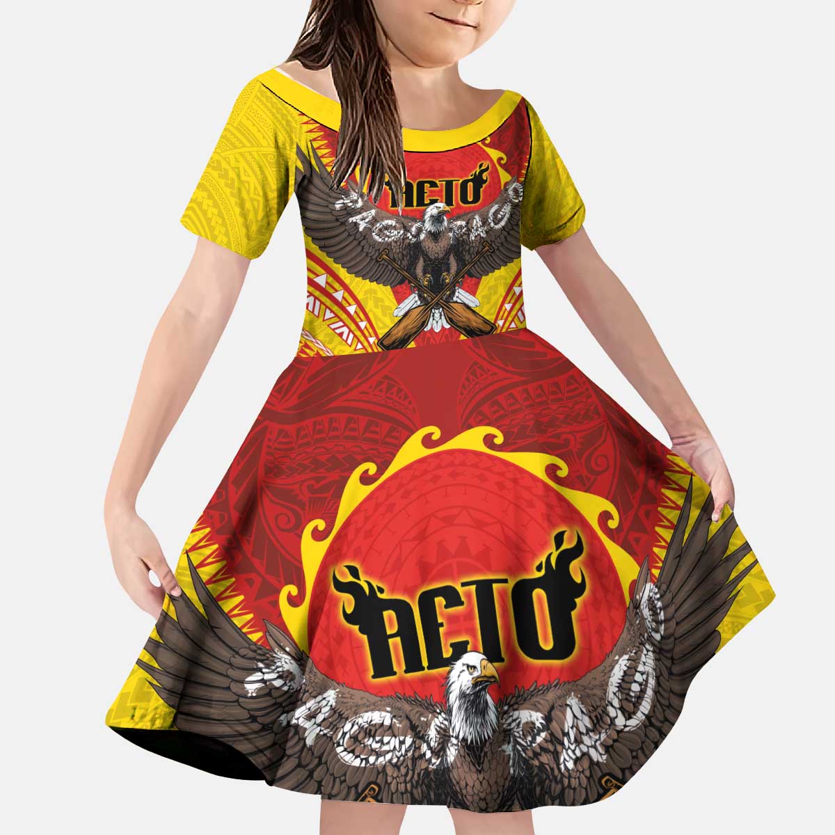 American Samoa Fautasi Race Kid Short Sleeve Dress Pago Pago-Aeto Samoan Tattoo and Eagle