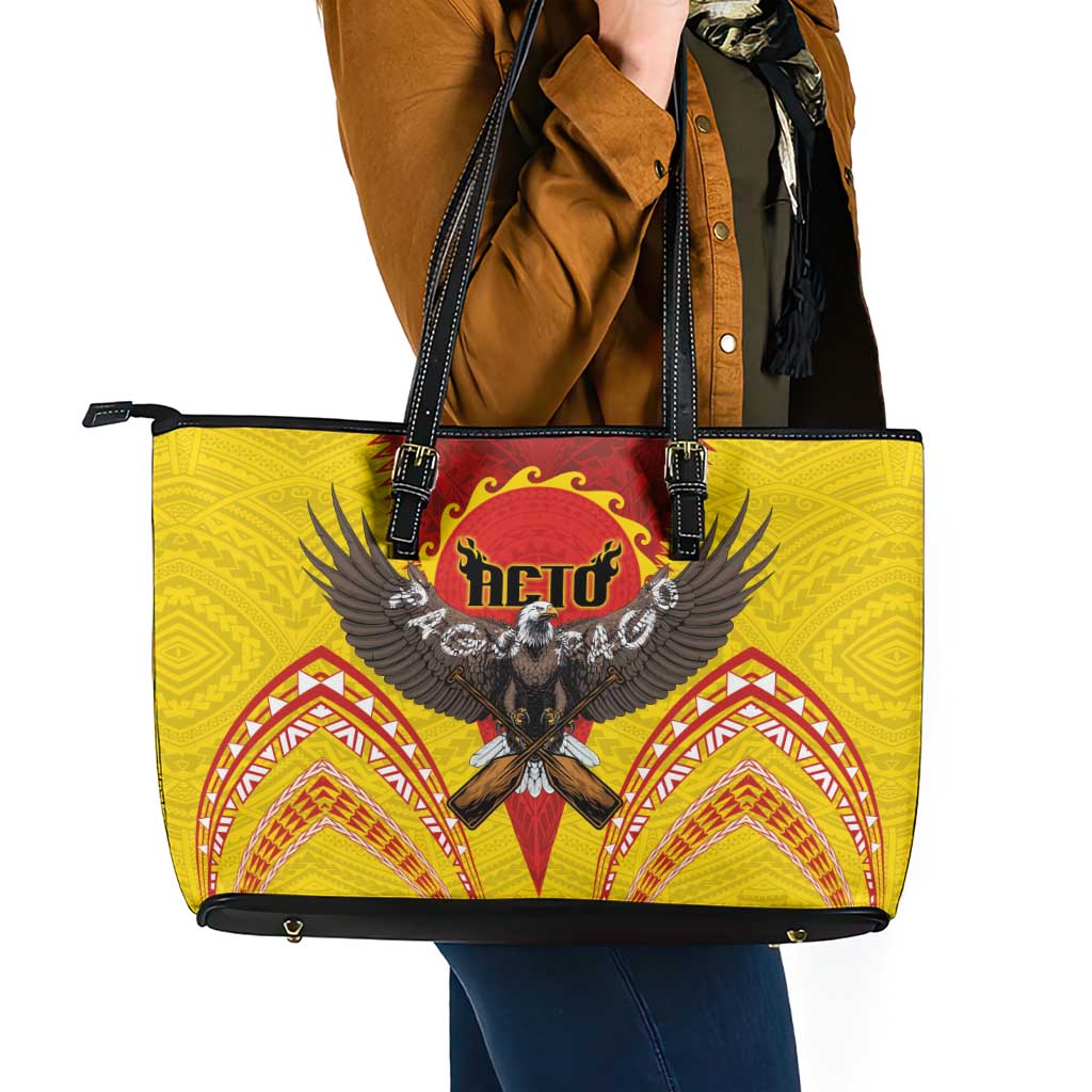 American Samoa Fautasi Race Leather Tote Bag Pago Pago-Aeto Samoan Tattoo and Eagle LT03 - Polynesian Pride