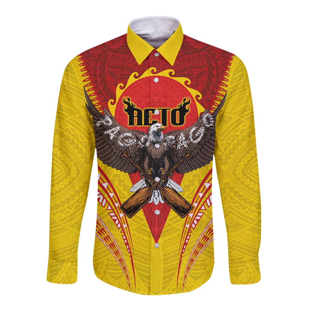 American Samoa Fautasi Race Long Sleeve Button Shirt Pago Pago-Aeto Samoan Tattoo and Eagle LT03 Unisex Yellow - Polynesian Pride