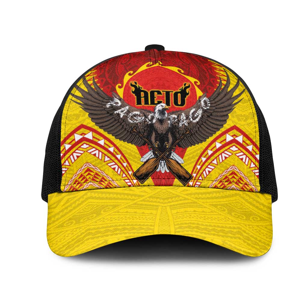 American Samoa Fautasi Race Mesh Trucker Cap Pago Pago-Aeto Samoan Tattoo and Eagle LT03 One Size Black Yellow - Polynesian Pride