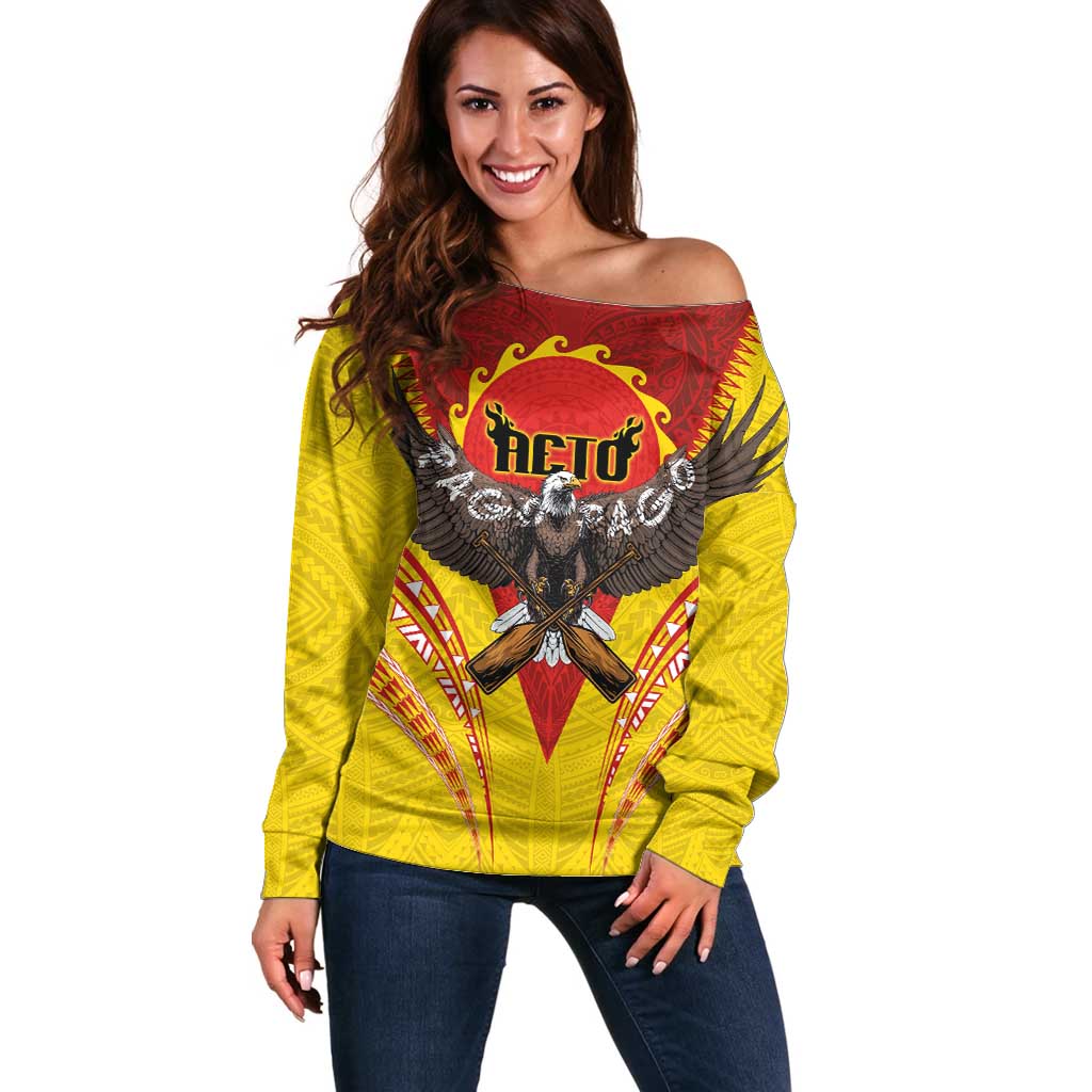American Samoa Fautasi Race Off Shoulder Sweater Pago Pago-Aeto Samoan Tattoo and Eagle LT03 Women Yellow - Polynesian Pride