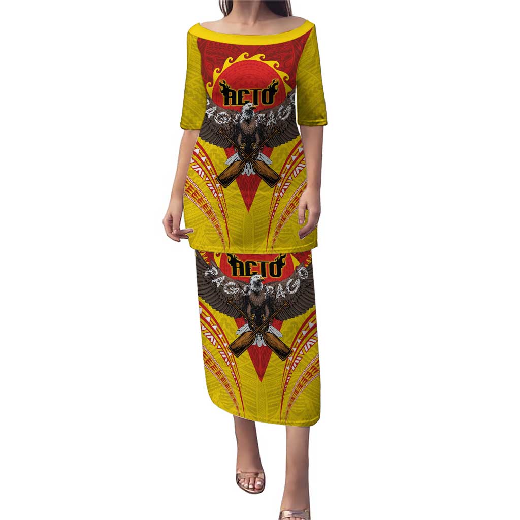 American Samoa Fautasi Race Puletasi Pago Pago-Aeto Samoan Tattoo and Eagle LT03 Long Dress Yellow - Polynesian Pride
