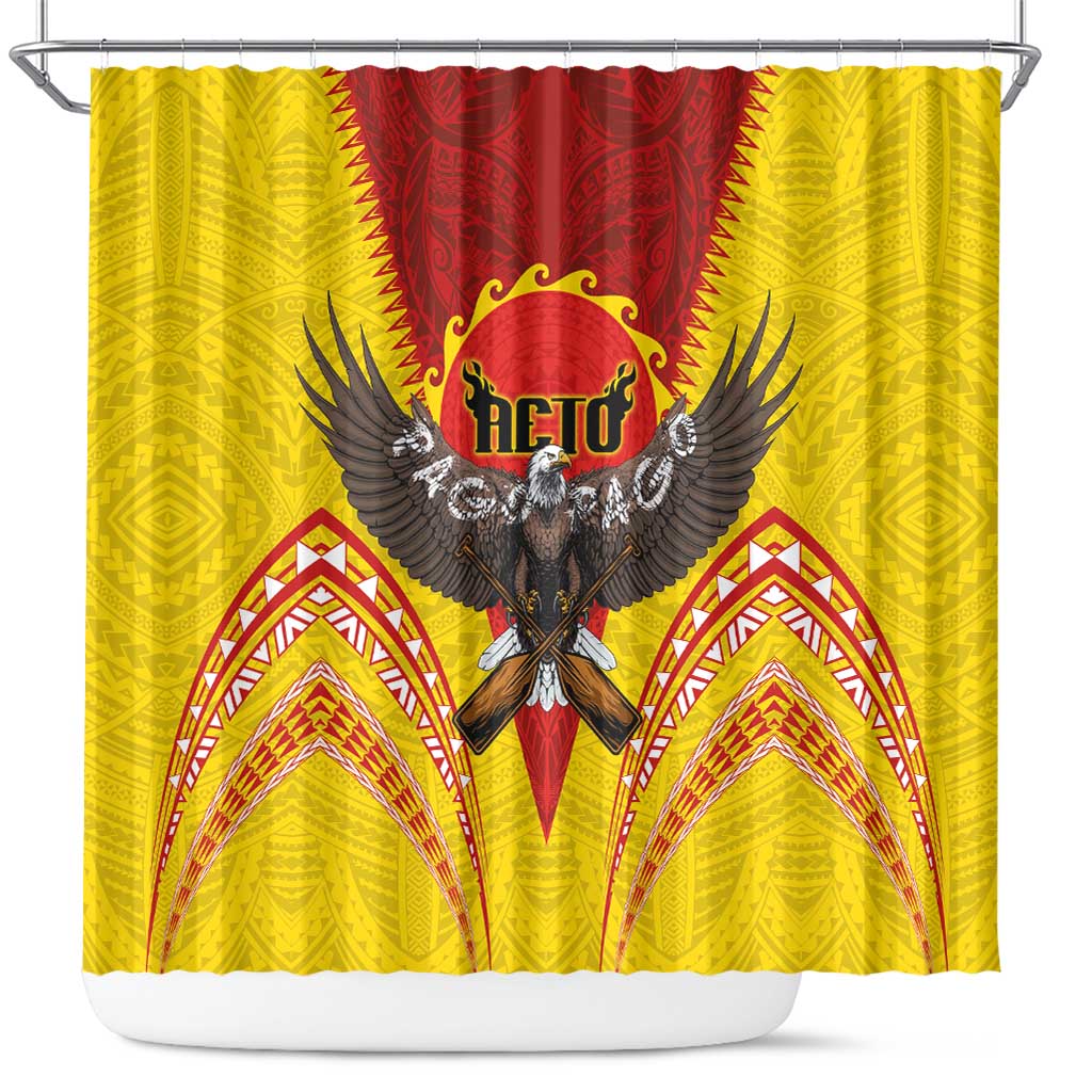 American Samoa Fautasi Race Shower Curtain Pago Pago-Aeto Samoan Tattoo and Eagle LT03 Yellow - Polynesian Pride