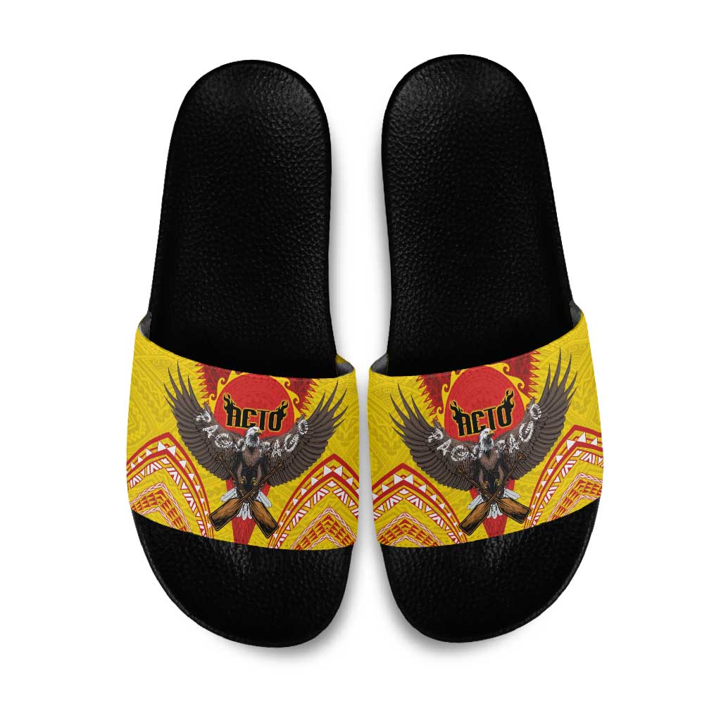 American Samoa Fautasi Race Slide Sandals Pago Pago-Aeto Samoan Tattoo and Eagle LT03 Yellow - Polynesian Pride