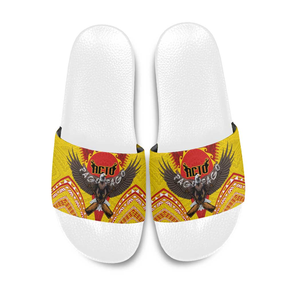American Samoa Fautasi Race Slide Sandals Pago Pago-Aeto Samoan Tattoo and Eagle LT03 Yellow - Polynesian Pride