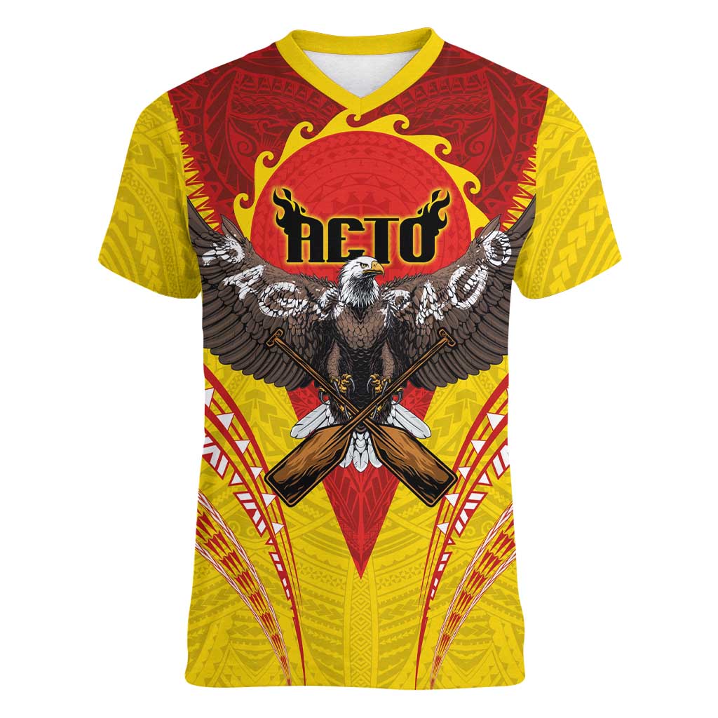 American Samoa Fautasi Race Women V-Neck T-Shirt Pago Pago-Aeto Samoan Tattoo and Eagle