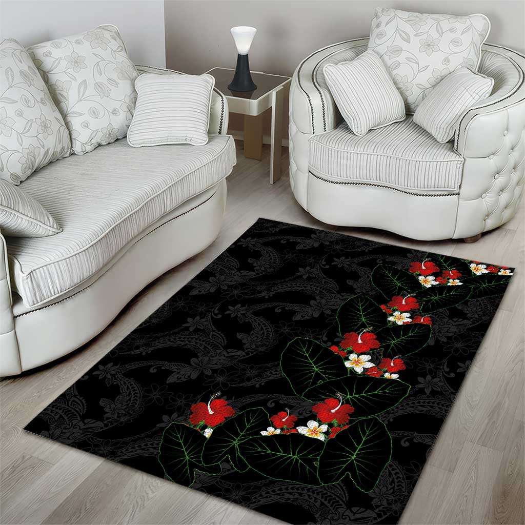 Hawaiian Taro Leaves-Hibiscus and Plumeria Area Rug Floral Tribal Tattoo Motif