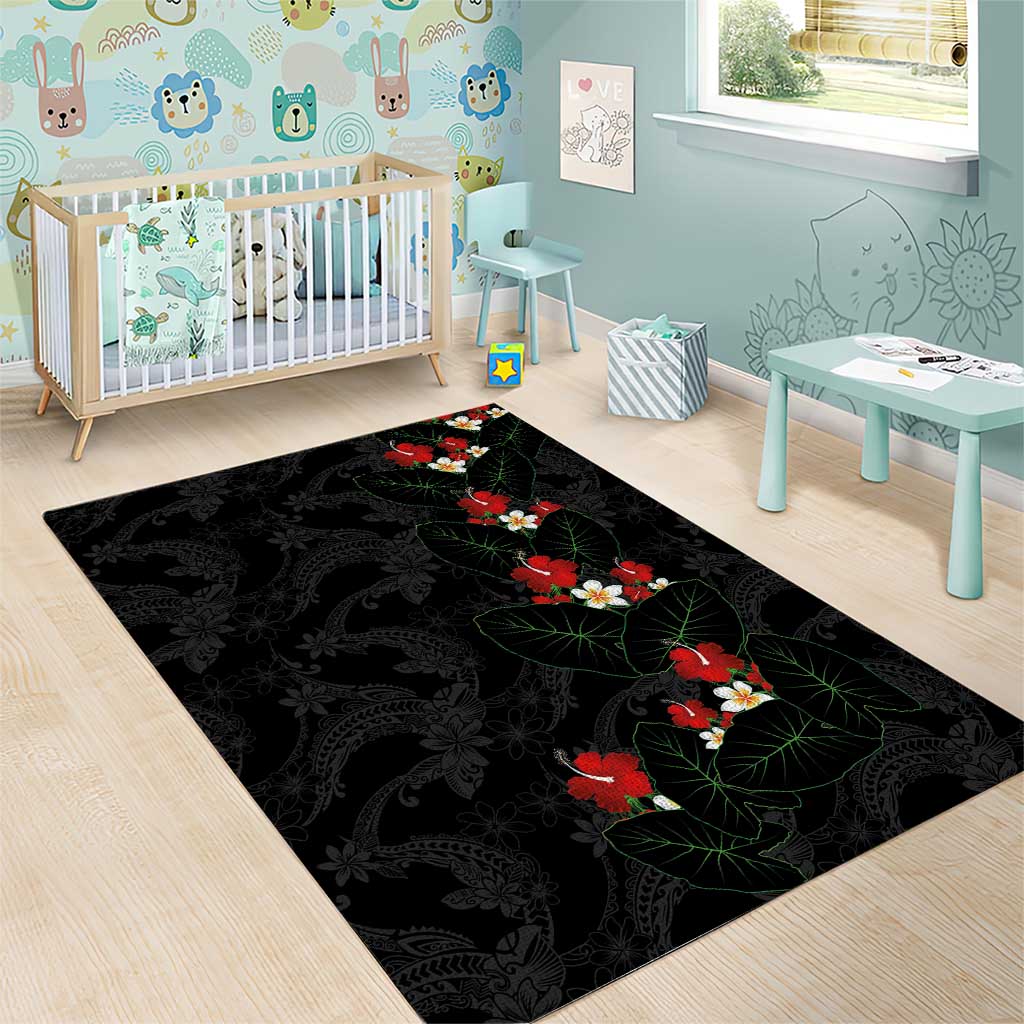 Hawaiian Taro Leaves-Hibiscus and Plumeria Area Rug Floral Tribal Tattoo Motif
