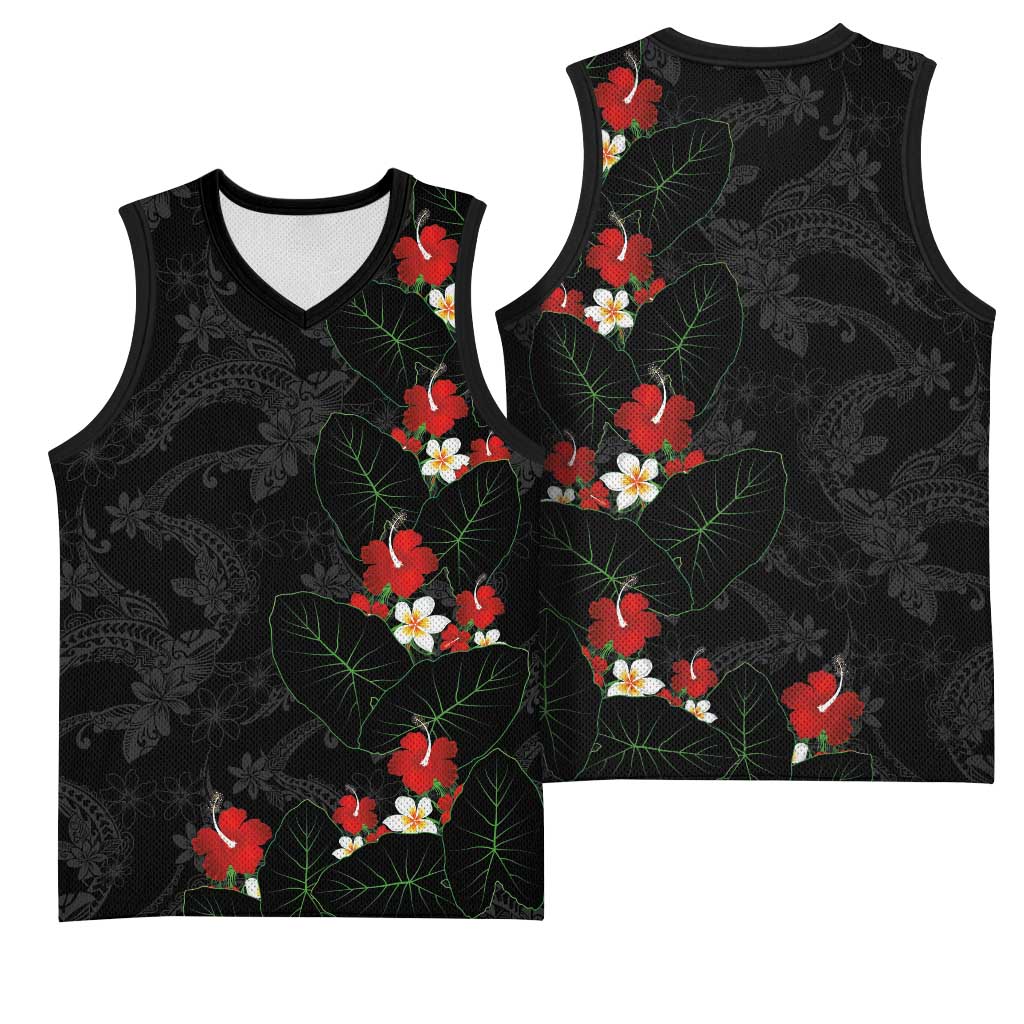 Hawaiian Taro Leaves-Hibiscus and Plumeria Basketball Jersey Floral Tribal Tattoo Motif