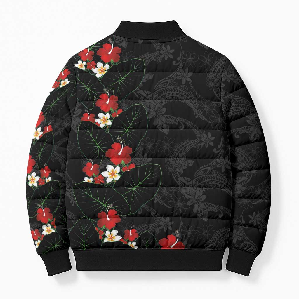 Hawaiian Taro Leaves-Hibiscus and Plumeria Bomber Puffer Jacket Floral Tribal Tattoo Motif