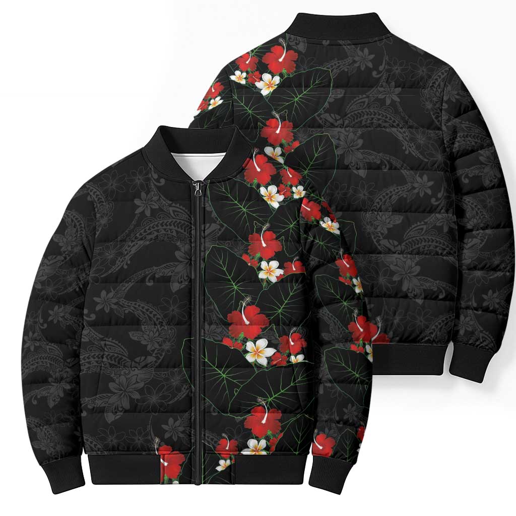 Hawaiian Taro Leaves-Hibiscus and Plumeria Bomber Puffer Jacket Floral Tribal Tattoo Motif