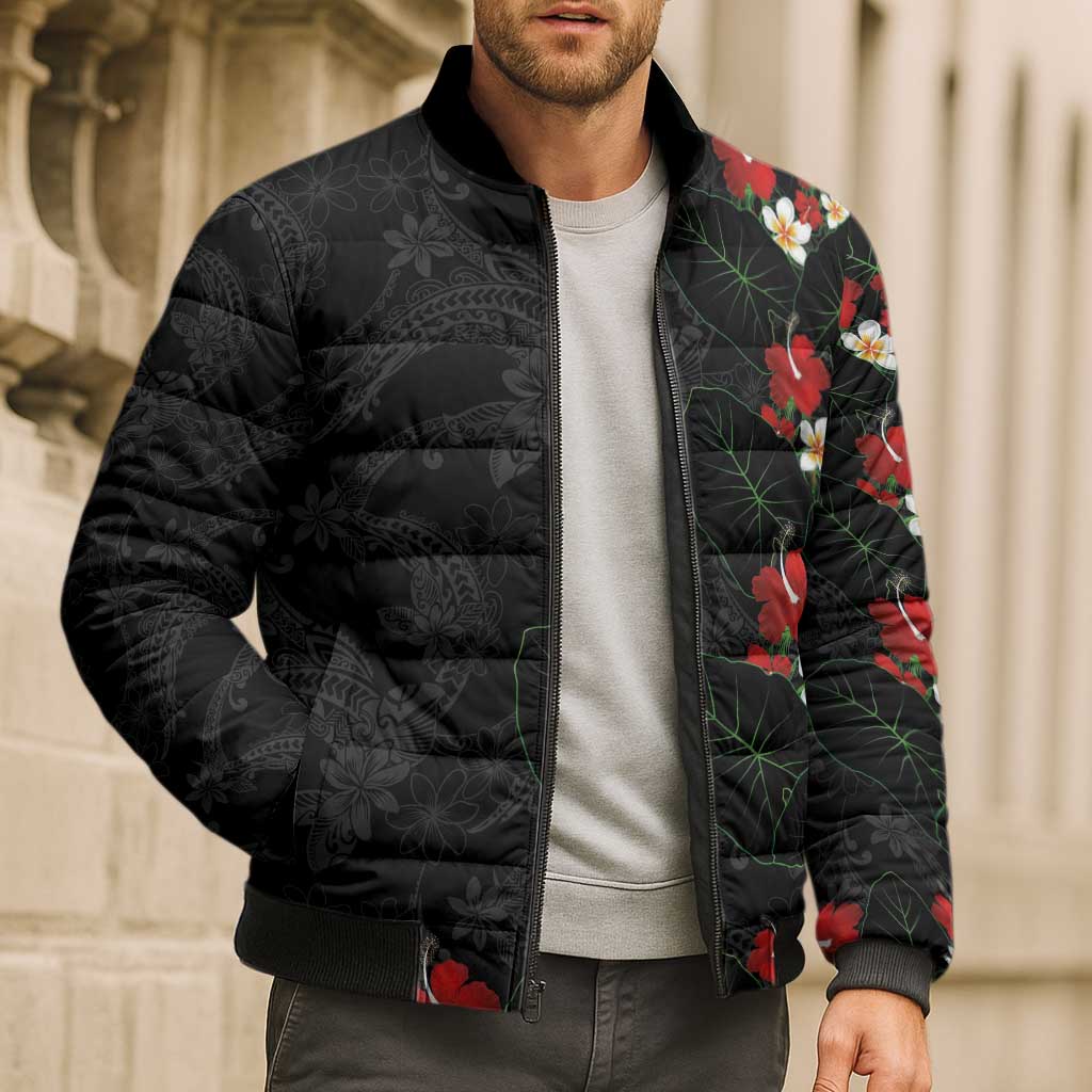 Hawaiian Taro Leaves-Hibiscus and Plumeria Bomber Puffer Jacket Floral Tribal Tattoo Motif