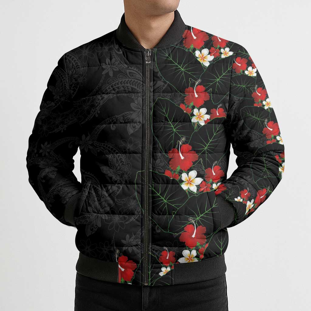 Hawaiian Taro Leaves-Hibiscus and Plumeria Bomber Puffer Jacket Floral Tribal Tattoo Motif