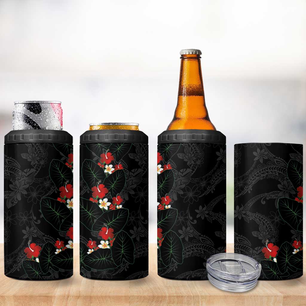 Hawaiian Taro Leaves-Hibiscus and Plumeria 4 in 1 Can Cooler Tumbler Floral Tribal Tattoo Motif