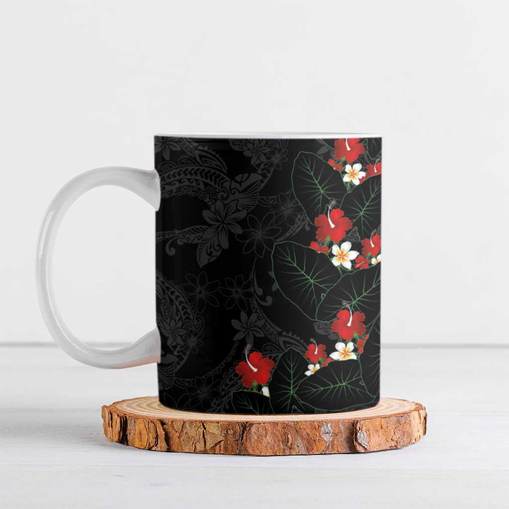 Hawaiian Taro Leaves-Hibiscus and Plumeria Ceramic Mug Floral Tribal Tattoo Motif