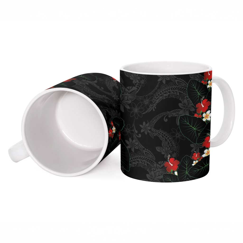 Hawaiian Taro Leaves-Hibiscus and Plumeria Ceramic Mug Floral Tribal Tattoo Motif