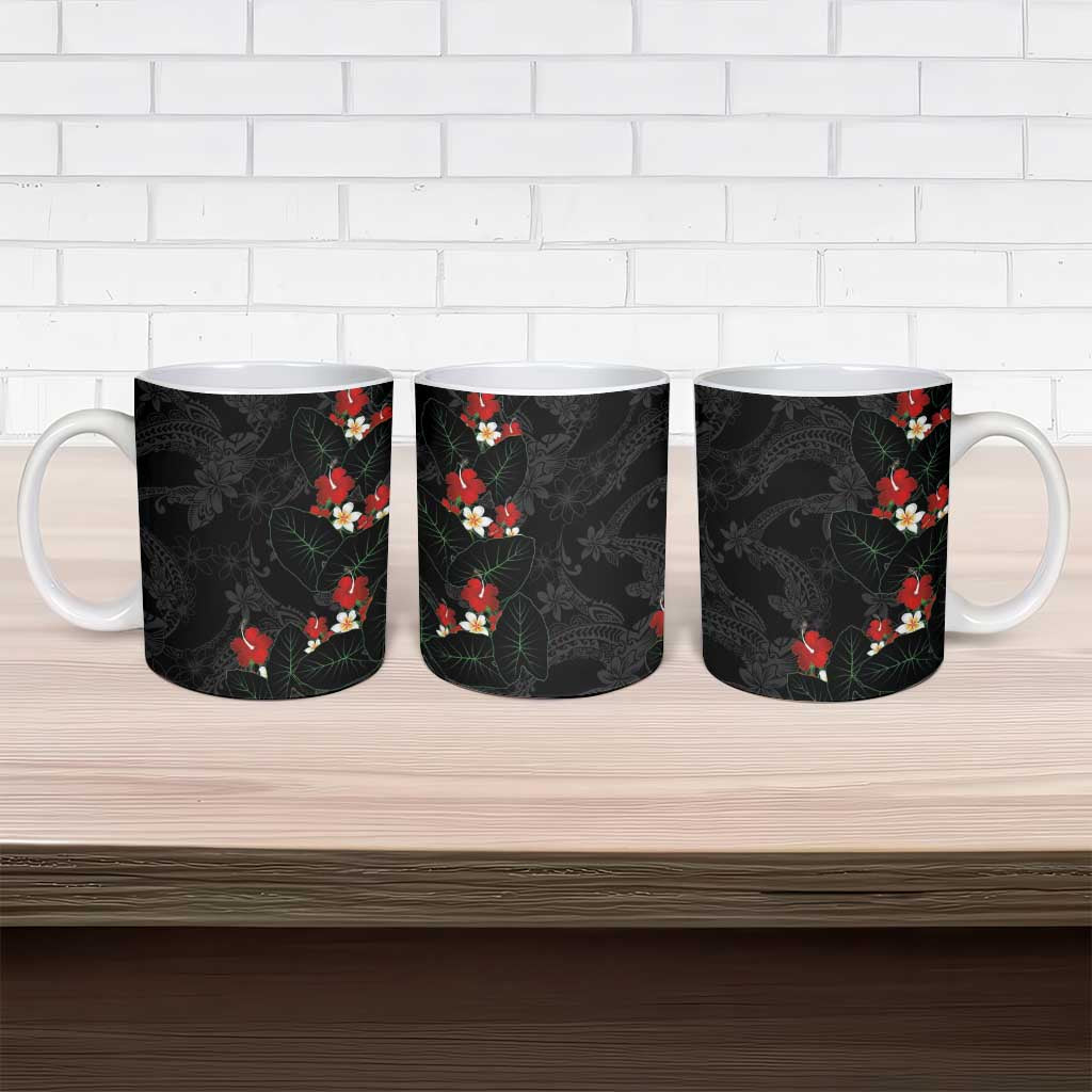 Hawaiian Taro Leaves-Hibiscus and Plumeria Ceramic Mug Floral Tribal Tattoo Motif
